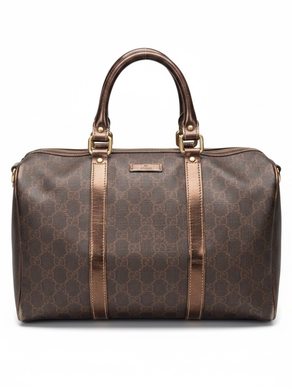 Gucci GG Imprime Brown Boston Satchel Bag Bronze Leather w/ Dust Bag